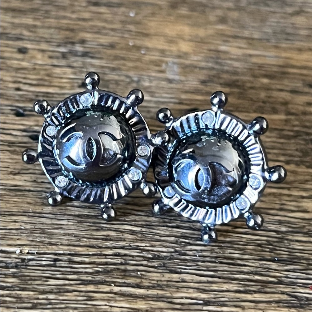 CHANEL Silver/gun metal Ship Wheel Stud Metal with Rhinestone pierced Earrings